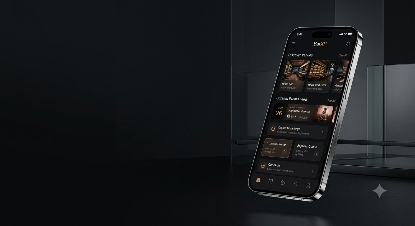 BarXP mobile app concept — a cinematic product reveal showing venue discovery, curated events, and digital concierge in a premium dark environment